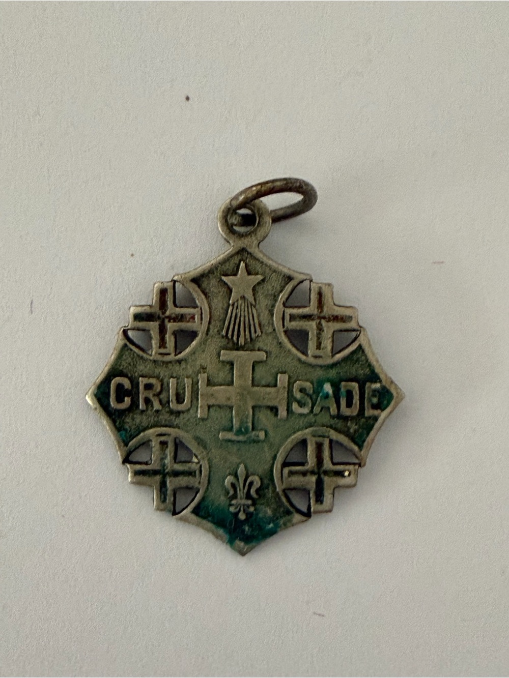 Vintage Crusade Religious Pendant in Aged Silver-Green Patina